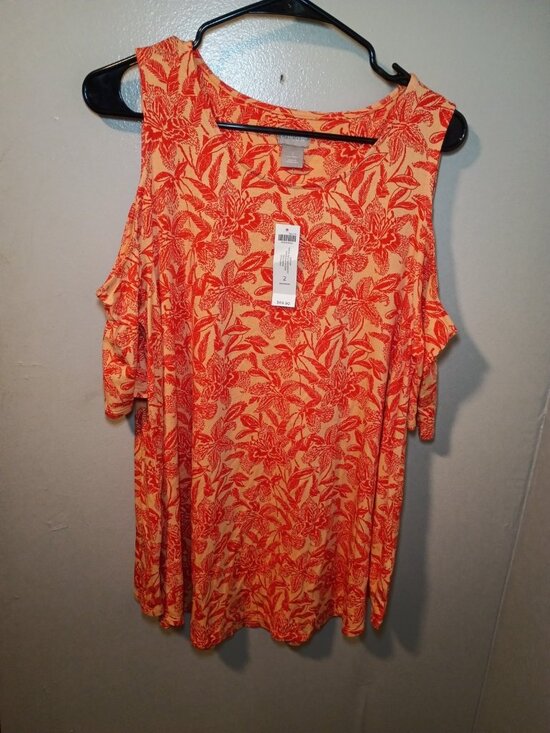 Chico's Tops - New Chicos 2 Large Persimmon Floral Soft Cold Shoulder Short Sleeve Blouse Top